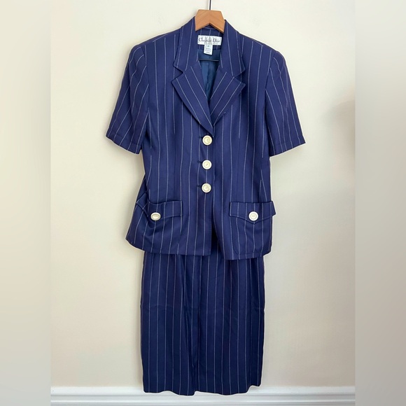 Christian Dior blazer skirt set navy blue pinstripe short sleeve vintage USA 6